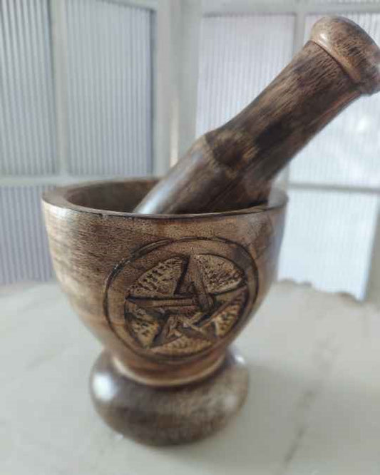 Wooden Mortar and Pestle with Pentacle