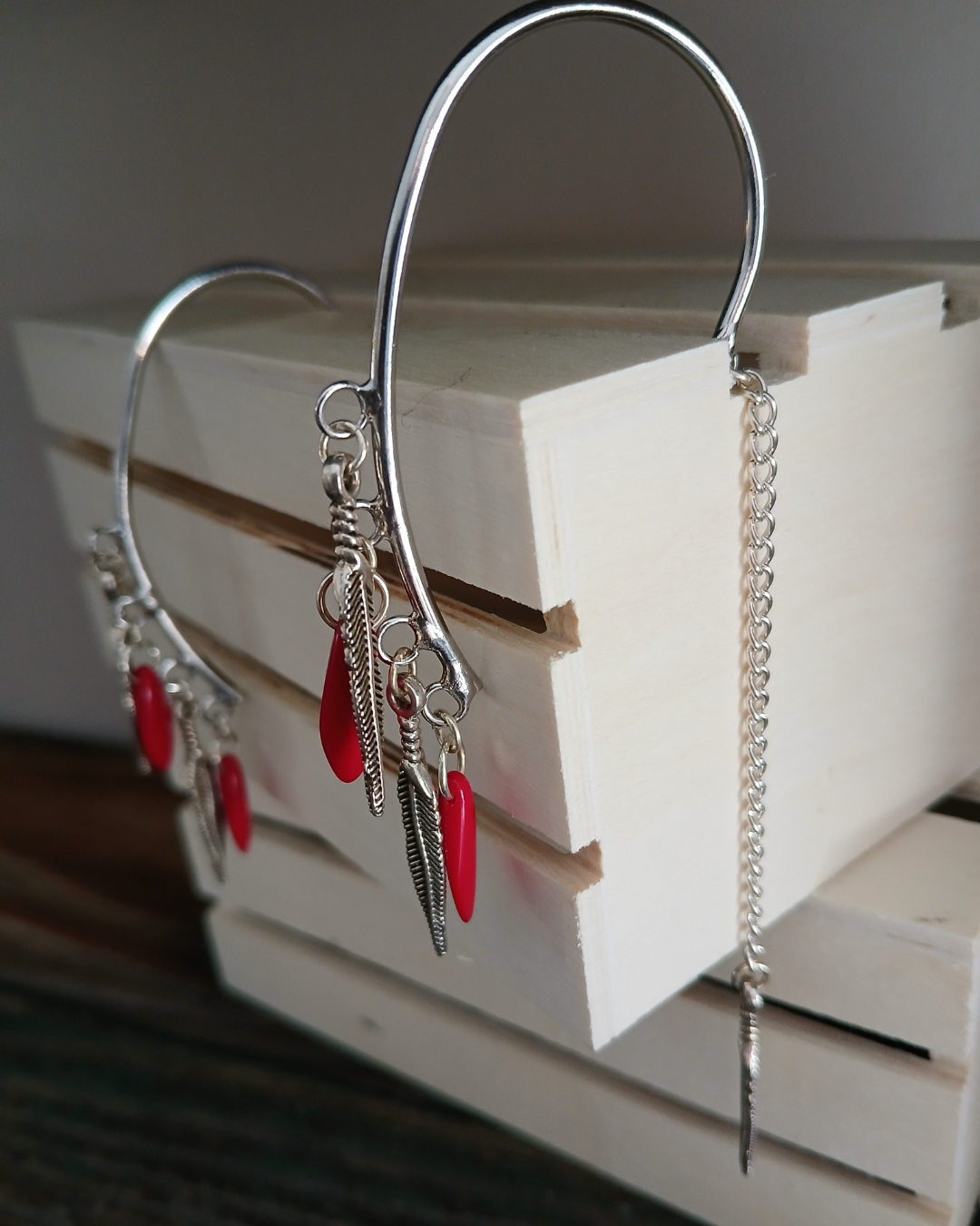 Red and Feather Ear Cuffs with Chain