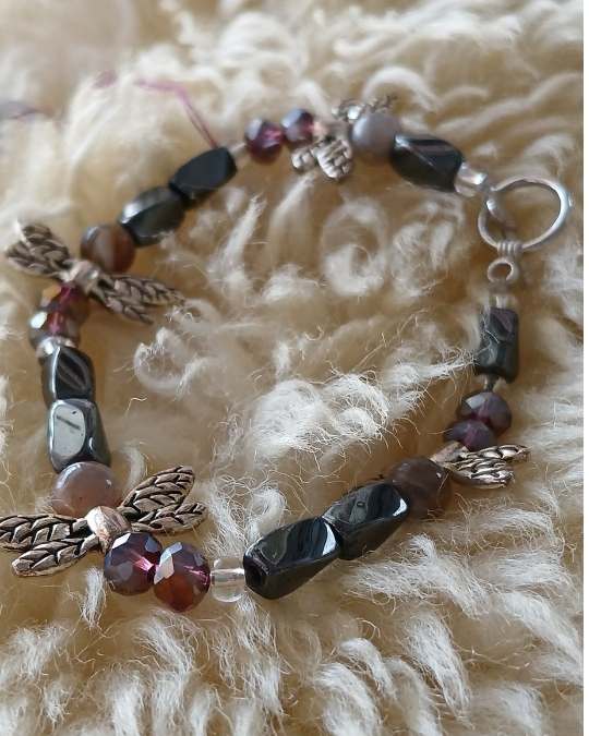 Hematite and Dragonfly Toggle Stretch Bracelet